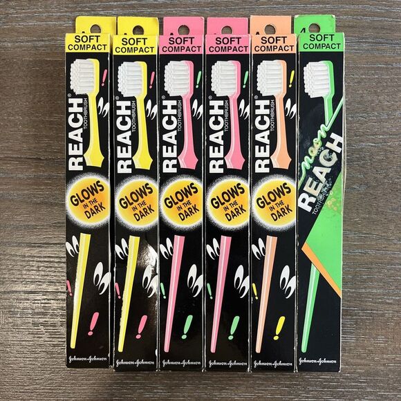 Lot 6 VTG Johnson & Johnson Reach Toothbrush Soft Compact GLOW IN THE DARK NEON